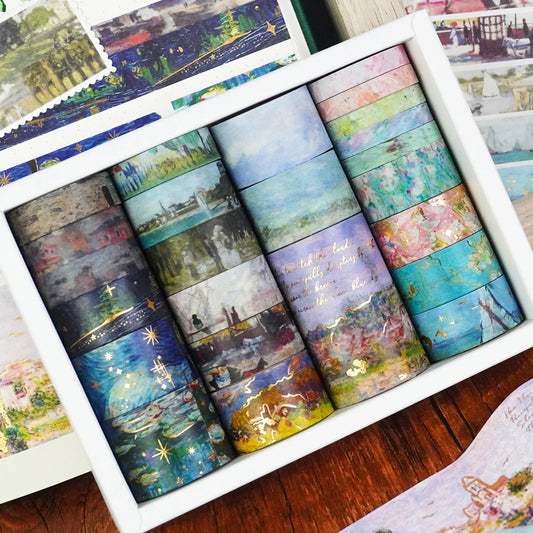 24 Rolls/Box Oil Painting Theme Washi Tape Set, Gilded Style Design Decorative Handmade DIY Decoration Materials Tape