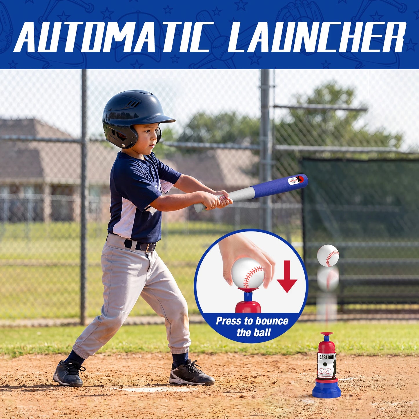 3 In 1 Kids Baseball Toy Set, With Hanging Ball Holder/Standing T-BALL/Auto Launcher/6 Baseballs, Adjustable Height Baseball Set Indoor Outdoor Sports Gift Toy Birthday Halloween Christmas Gift