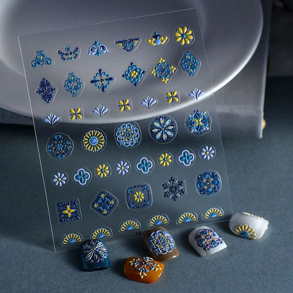 1PC Bohemia Nail Art Stickers 5D Bohemia Nail Sticker Decal Abstract Design Retro Blue Yellow Flower Self Adhesive Nail Supplies