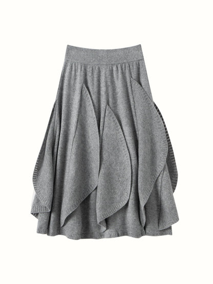 French 100% Pure Cashmere Skirt Ruffle Irregular A-line Soild Midi Sirt Autumn Winter Women Elegant Pleated  Knit Dress Fashion
