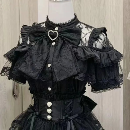Women Japanese Sweet Lolita Blouses Summer Elegant Bow Off Shoulder JK Shirt Female Gothic Hot Girls Casual Lace Ruffles Tops