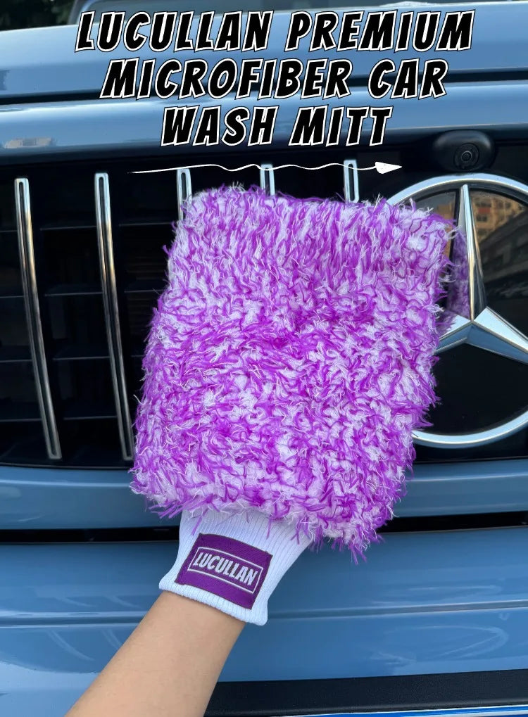 Lucullan Logo Premium Purple Microfiber Glove Super Absorbency Foam Stitch Inner Lining Car Wash Mitt