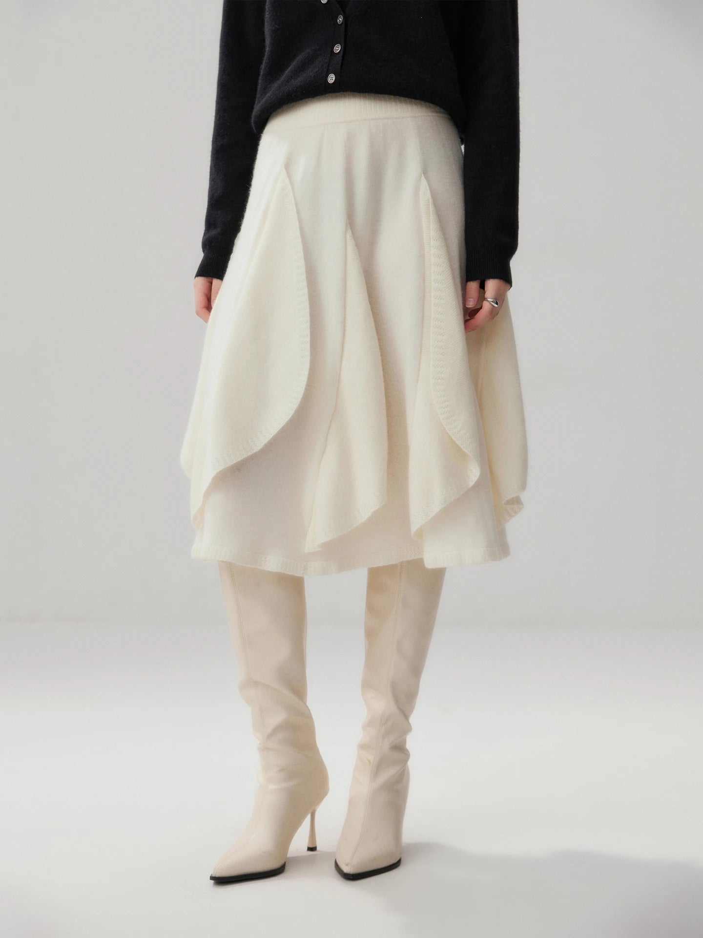 French 100% Pure Cashmere Skirt Ruffle Irregular A-line Soild Midi Sirt Autumn Winter Women Elegant Pleated  Knit Dress Fashion