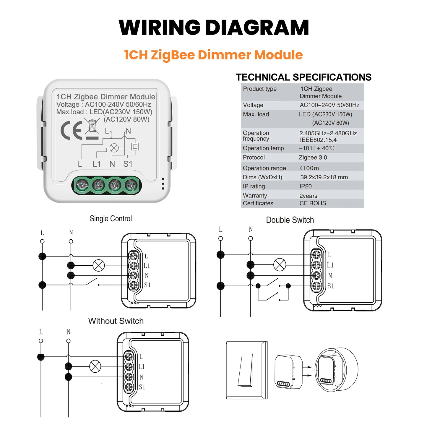GIRIER Tuya Smart ZigBee 3.0 Dimmer Switch Module WiFi Breaker Relay for Dimmable Bulb Supports 2-way Control Works with Alexa