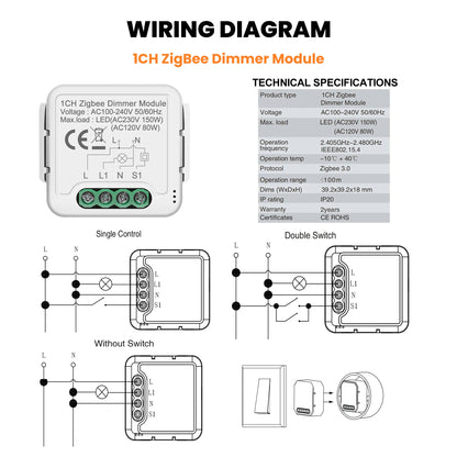 GIRIER Tuya Smart ZigBee 3.0 Dimmer Switch Module WiFi Breaker Relay for Dimmable Bulb Supports 2-way Control Works with Alexa