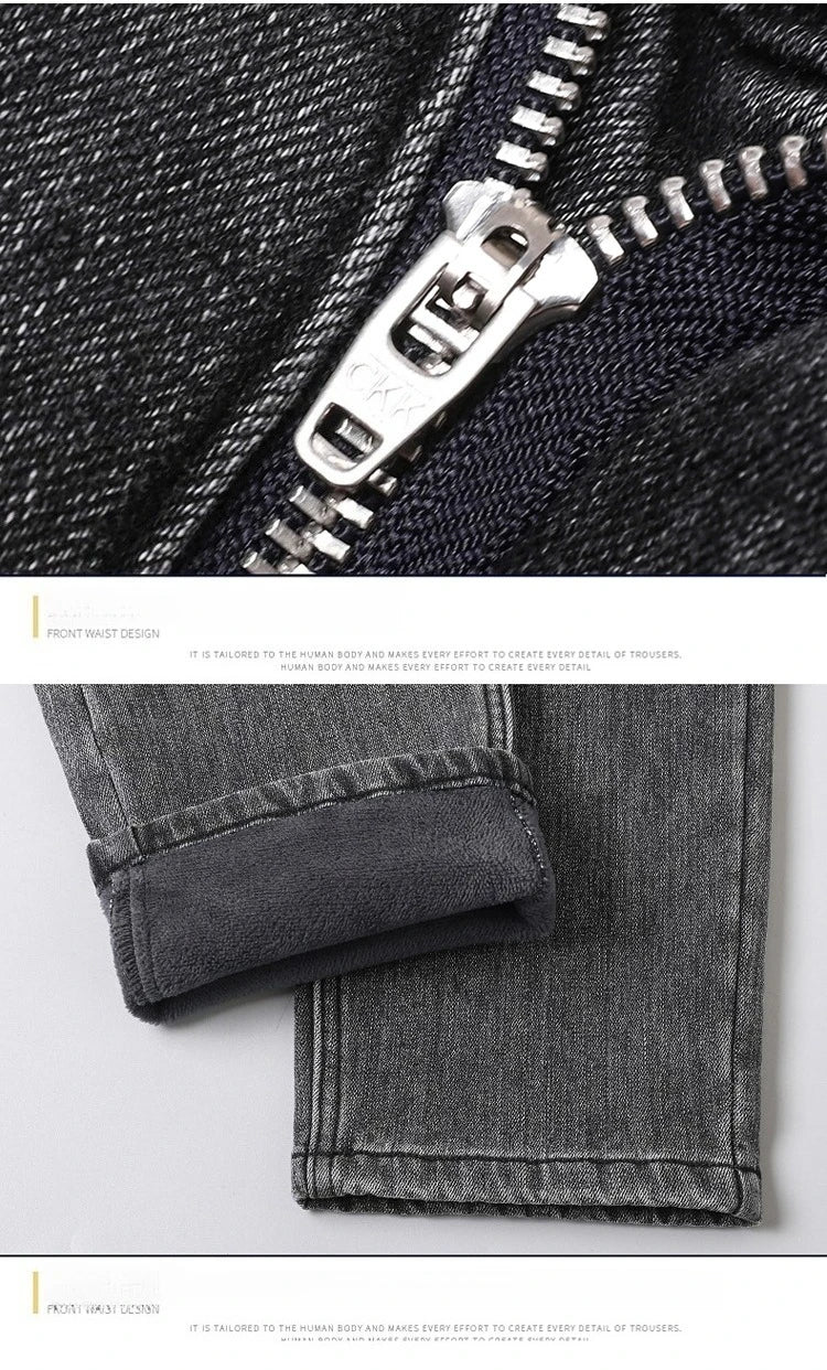 Men's Winter Stretch Fleece Jeans Thickened Warm Loose Straight Velvet Denim Trousers Classic Business Casual Black Work Pants
