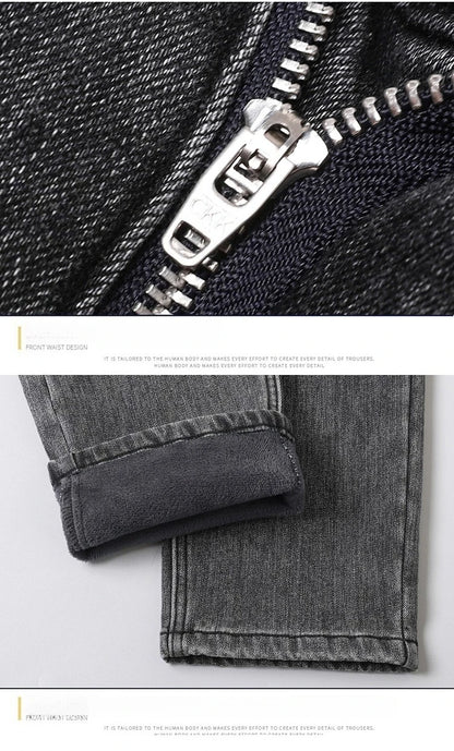 Men's Winter Stretch Fleece Jeans Thickened Warm Loose Straight Velvet Denim Trousers Classic Business Casual Black Work Pants