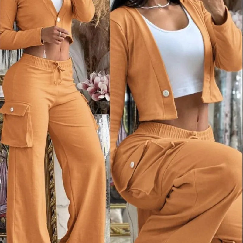Autumn Fashionable And Elegant Solid Color Women's Suit Long-sleeved V-neck Short Coat Pocket Wide-leg Drawstring Trousers Suit