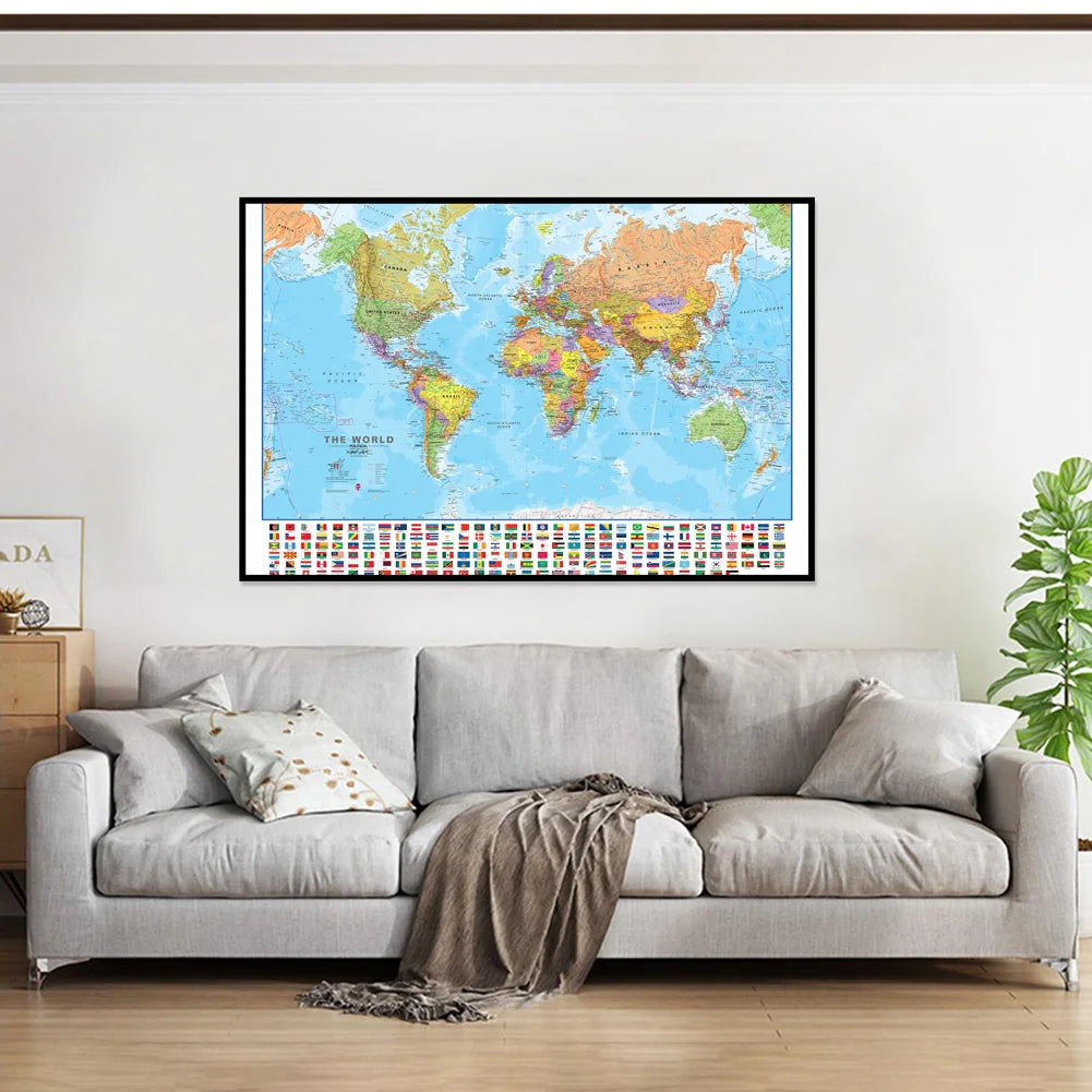 90*60cm World Map in English- Educational Map Canvas Painting Posters and Prints Wall Decoration for Office School Supplies