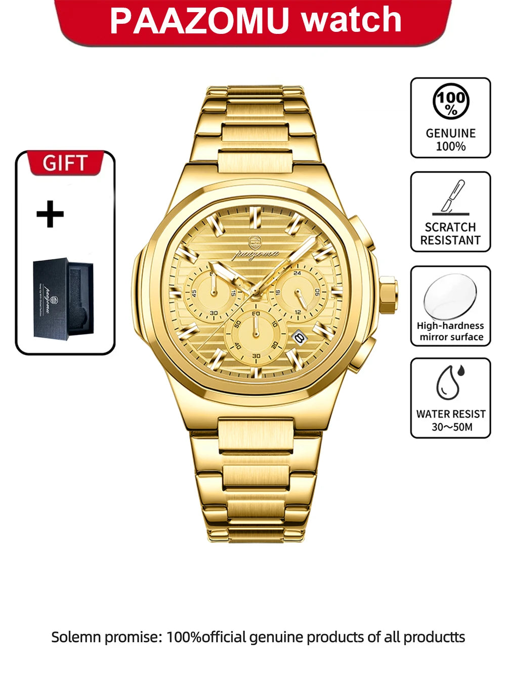 PAAZOMU Fashion Brand Man Wristwatch Waterproof Stainless Steel Luminous Men Watch Chronograph Date Luxury Quartz Men's Watches