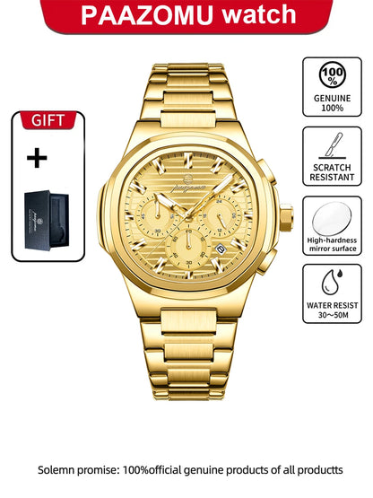 PAAZOMU Fashion Brand Man Wristwatch Waterproof Stainless Steel Luminous Men Watch Chronograph Date Luxury Quartz Men's Watches