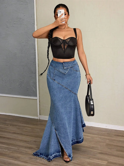 Women's Elegant A Line Mini Long Skirt For Women Wrinkle Free Patchwork Design For Woman Maxi Mermaid High Waist Asymmetrical