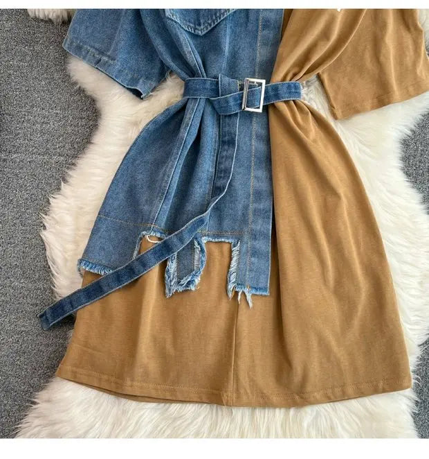 Retro Hong Kong Sle Chic Casual Mid-Length round Ne Patchwork Color Denim irt with Belt Spring New Women's Faion Top