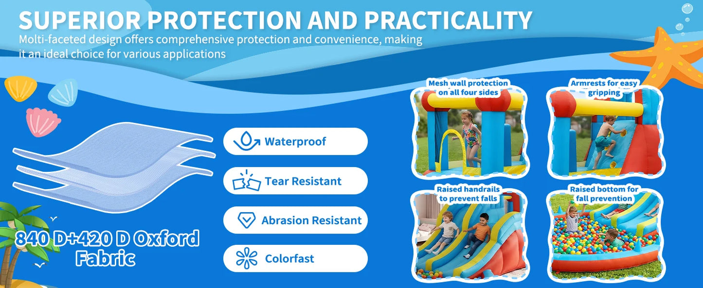 Garvee Kids Bouncy Castle with Water Slide, Large Inflatable with Blower, Jumping Area, Water Gun, Splash Pool, Outdoor Slide, Children’s Play Bouncer for Indoor or Outdoor Garden Games, Backyard Toy