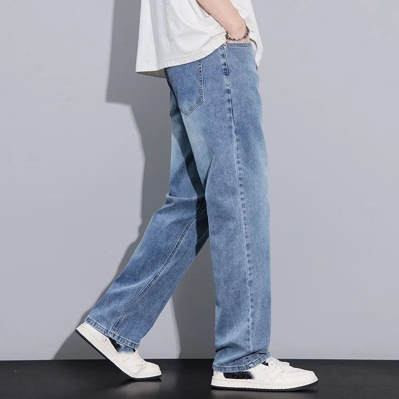 New Arrival American Vintage Wide Leg Elastic Denim Pants for Men Loose Straight Fit Flowy Versatile Casual Pants