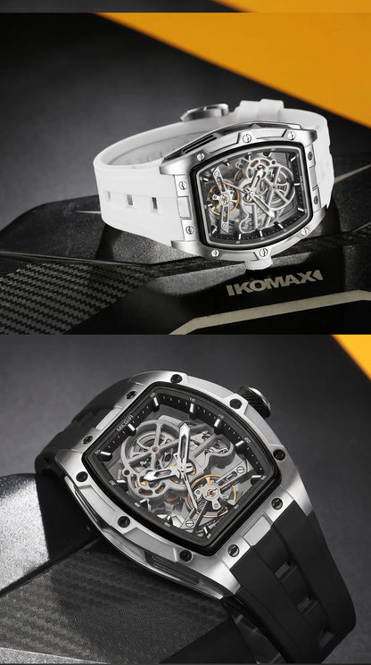 MEGIR Tonneau Skeleton Mechanical Watch Men Sport Wristwatch Silicone Strap Luxury Hollow Dial Male Automatic Mechanical Watches
