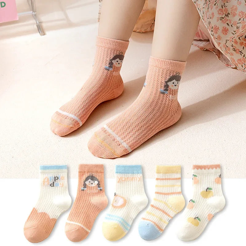 5 Pairs 1 To 12 Years Children's Socks 2026 Spring Summer Baby Boys Girls Cotton Mesh Breathable Thin Soft Cute Socks Kids Socks