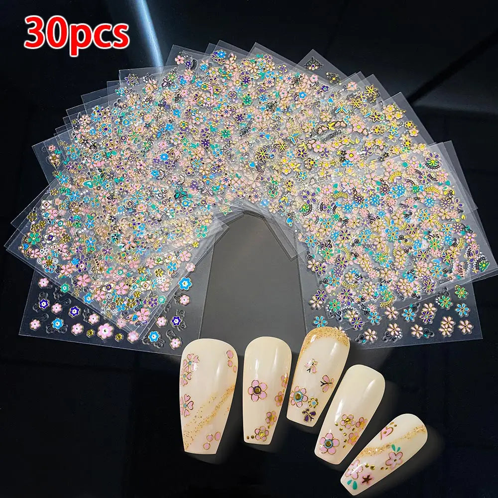 3D Colorful Flowers Cherry Blossoms Rose Daisy Nail Decals 20/30/60/70/90pcs Cute Heart Nail Sticker Manicure Decoration 5.5*6cm