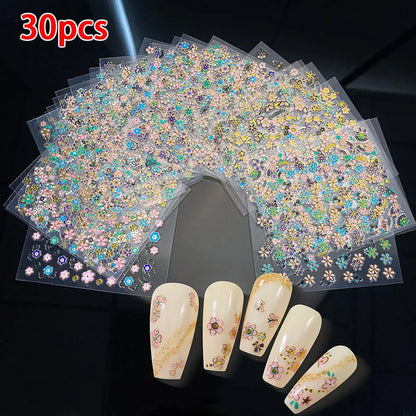 3D Colorful Flowers Cherry Blossoms Rose Daisy Nail Decals 20/30/60/70/90pcs Cute Heart Nail Sticker Manicure Decoration 5.5*6cm