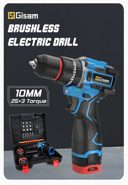 Gisam 95NM Brushless Electric Impact Drill 25+3 Torque 3 in 1 Cordless Electric Screwdriver Portable Power Tools For Home Woodwo