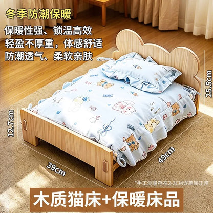 Cat Bed Wooden Cat And Dog Bed With Teddy Bear Pattern Indoor Pet Furniture Floor To Ceiling Bed Comfortable Durable