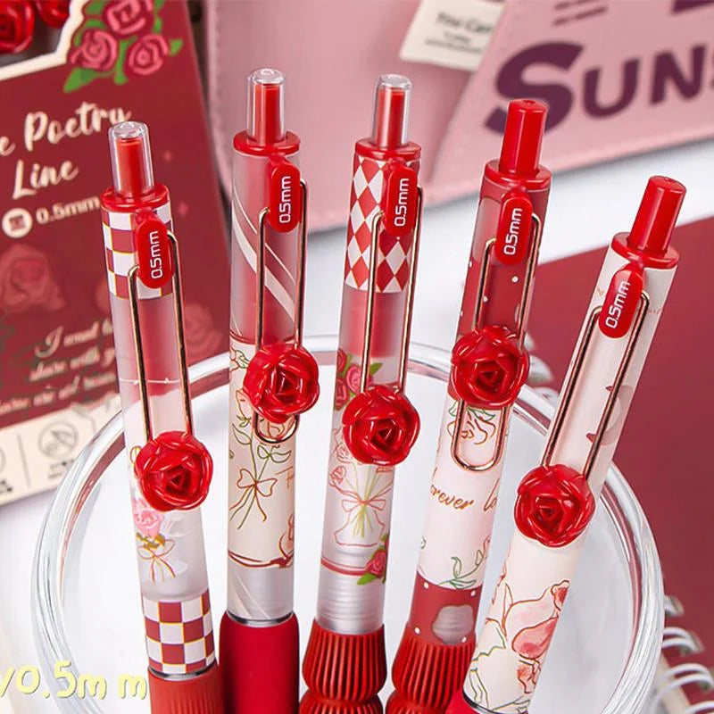5Pcs Creative Rose Series 0.5mm Gel Pen Set Ultra Soft Silicone Pen Grip Quick-Drying Ink Pen Office Signature Pen