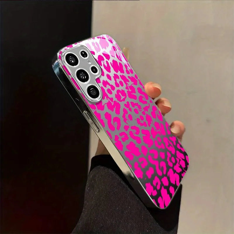 Gold-plated Tempered Glass Phone Case, Compatible Galaxy S26 S25 S24 S23 S22 Ultra Plus. Features a Pink Leopard Print Design.