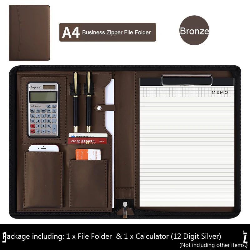 Executive Business A4 Leather Portfolio Folder Clipboard for Zippered Desk Organizer Document Briefcase Calculator for Office