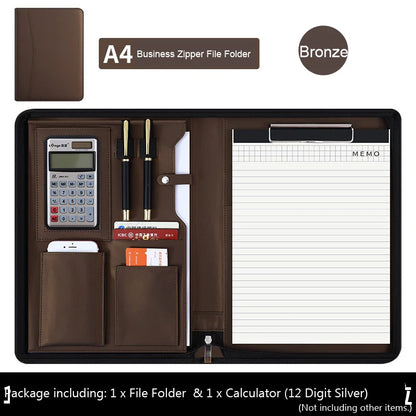 Executive Business A4 Leather Portfolio Folder Clipboard for Zippered Desk Organizer Document Briefcase Calculator for Office