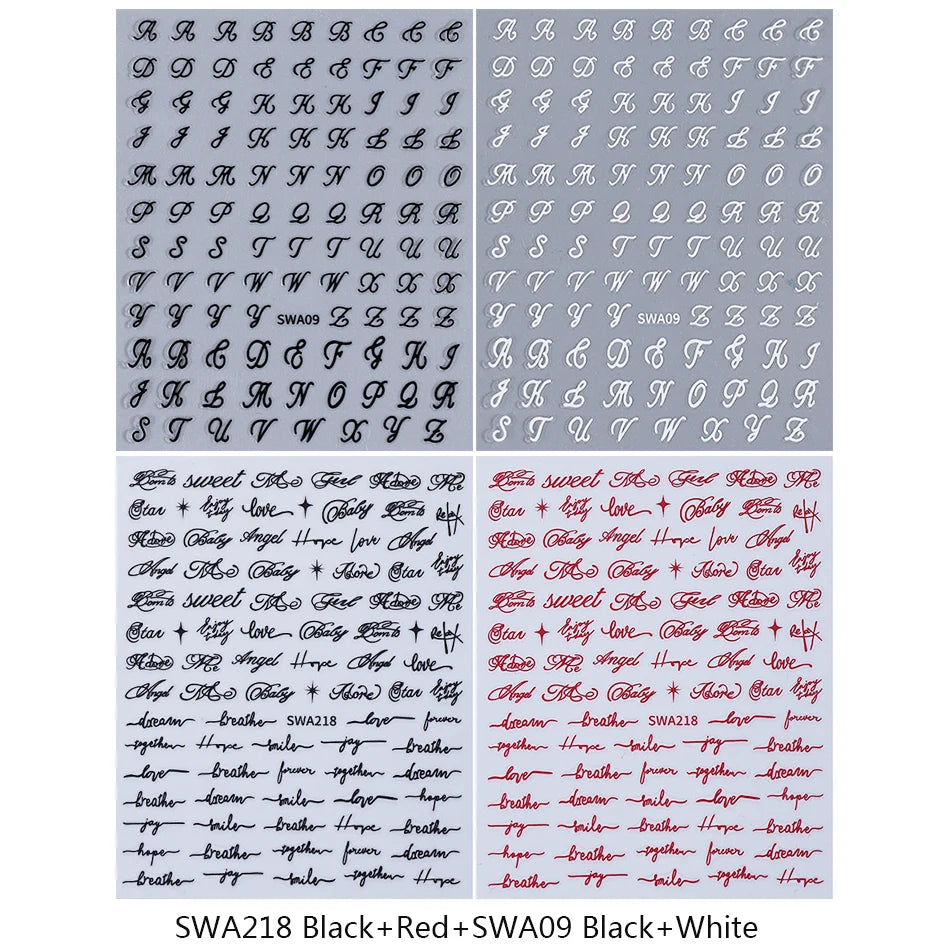 4pcs English Letter Nail Stickers Gothic Style Y2K Cool Design Roman Letter Alphabet Adhesive Nail Decal DIY Manicure Decoration