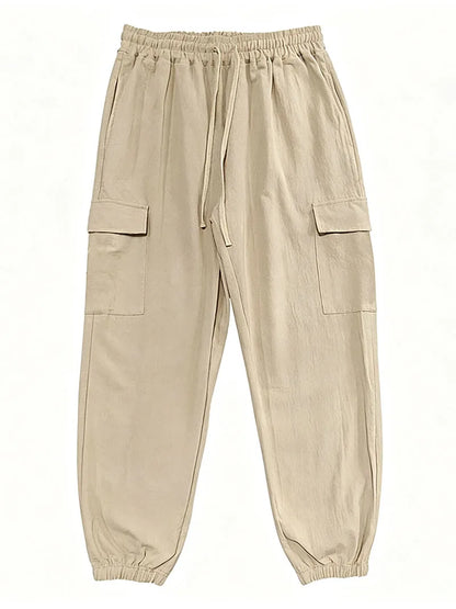 Men's Cotton Linen Blend Cargo Jogger Pants Elastic Waist Drawstring Multi Pockets Casual Breathable Streetwear Trousers for Men