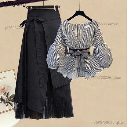 2026 Korean Style Long Sleeve T-shirt Tops High Waist Skirt Two-piece Elegant Women's Skirt Suit Casual Outfits