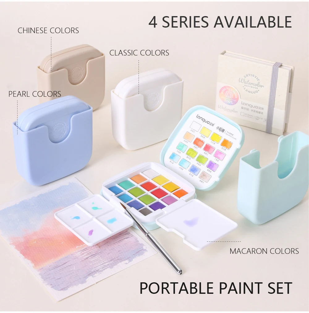 16 Colors Mini Portable Solid Watercolor Paint Set with Brush & Palette Travel Sketching Painting Box for Art Drawing Sketching