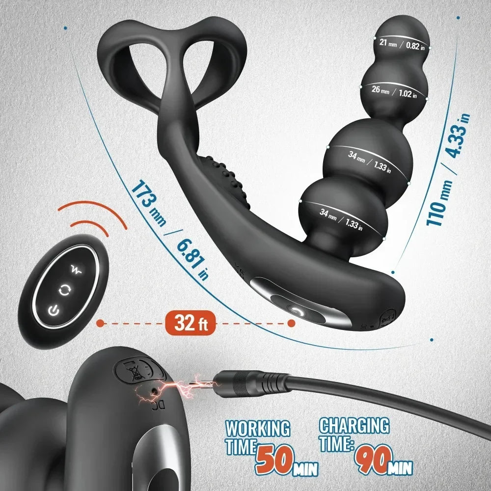 Male Prostate Massager Vibrator 360 Anal Beads Penis Ring 3 Rotation 10Vibration Modes Remote Butt Plug Sex Toys for Couples Men