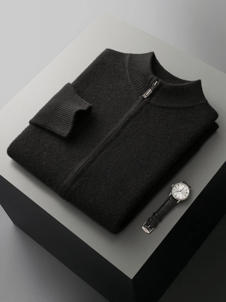 100% Merino Wool Two-piece Suit for Men Autumn Winter Knitting Zipper Cardigan and Slim-fit Pants Warm Thickened Clothing Sets