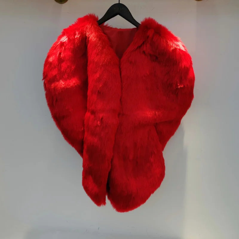Autumn Winter Women Faux Fur Jacket Heart Pattern Personality O Collar Sleeveless Exaggeration Coat Female Fashion Tide Outwear