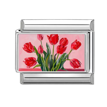 2025 Women's Fashion Colorful Flowers Oil Painting Style Series Italian Charms Fit 9mm Stainless Steel Bracelet DIY Jewelry Gift