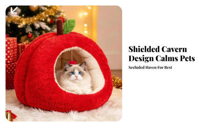 Apple-Shaped Pet Bed Cozy Enclosed Pet Bed with Removable Cushion Hideaway Cat House Warm Cat House with Cushion Soft for Cats