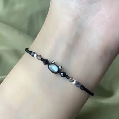 2pcs Natural Moonstone Obsidian Bracelets Couple Minimalist Bracelet Handmade Cute Black White Cat Bracelet Party Jewelry Gifts