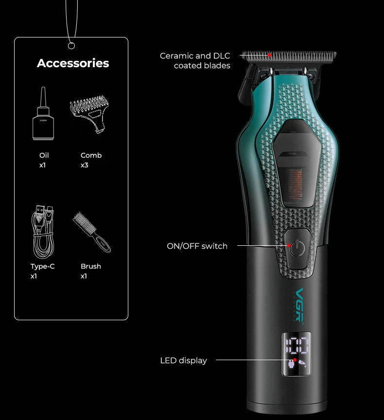 VGR electric hair clipper men's oil head carving electric push gradually changing color metal body 11000 RPM hair clipper V-997