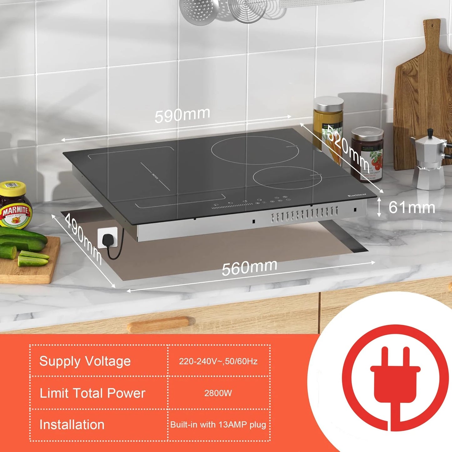 Karinear 4-Burner Induction Hob, 60cm Induction Hob Electric 3500W, Flex Zone, Plug-in Hob, 9 Power, Booster, Timer, 220V Plug