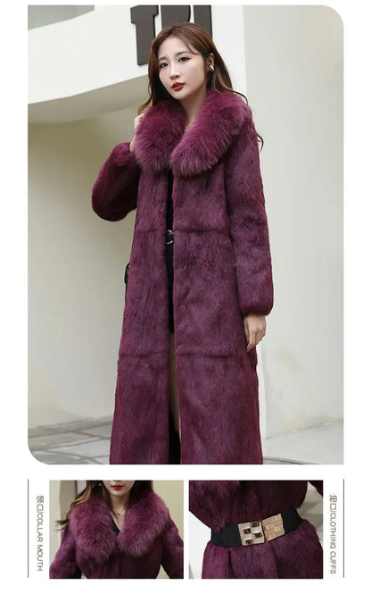 Real Rex Rabbit Fur Coat Women Autumn Winter Long Jacket Thick Warm New Fashion Fox Fur Collar Elegant Female Warm Outerwear