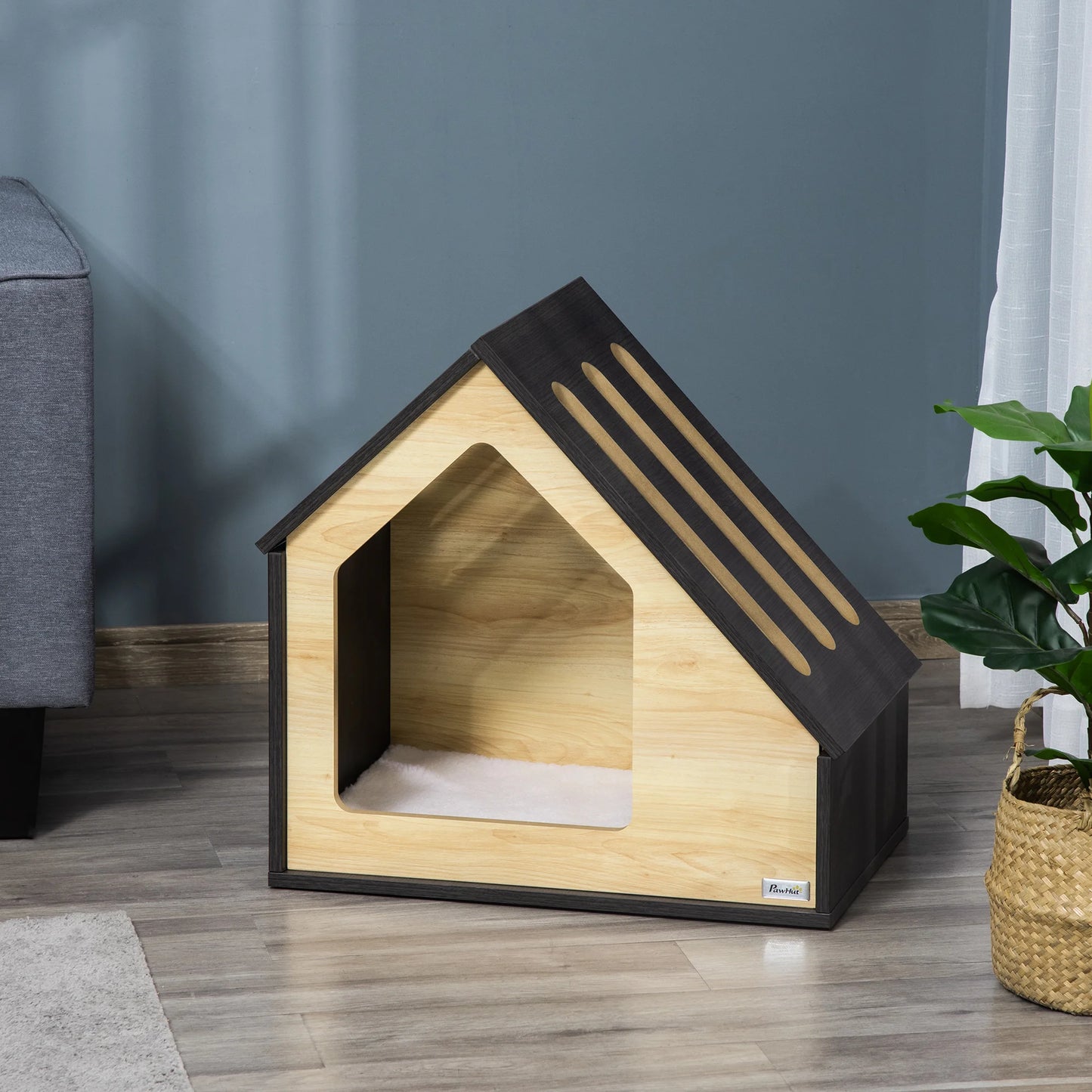 Wooden Pet House Indoor Cat Cave & Dog Bed with Removable Washable Cushion, Small Dog House for Dogs up to 8kg, 60x40x59.2cm, Stylish MDF Furniture with Ventilated Roof