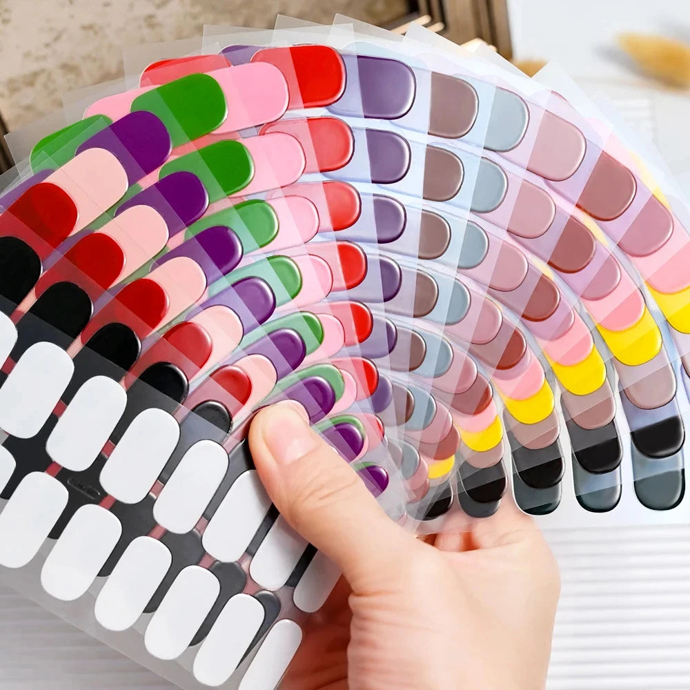16Tips UV Semi-Cured Gel Nail Wraps Sticker 5D Pure Color Full Cover UV Lamp Gel Sticker Long-Lasting Nail Extension Patch Strip