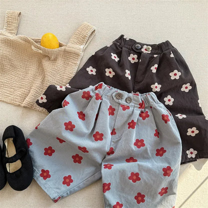 Spring/Summer Calf Length Pants for Girls Floral Print Anti-mosquito Breeches Korean Kid's Loose 7 Point Pants Childrens Clothes