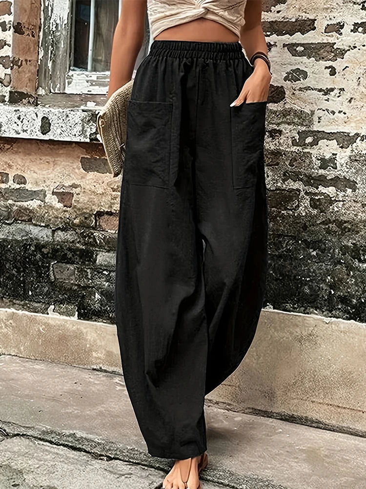 Plus Size Women's Cotton-Linen Harem Trousers Retro Loose-Fit Casual Trousers Elasticated Waistband Workwear Wide-Leg Trousers