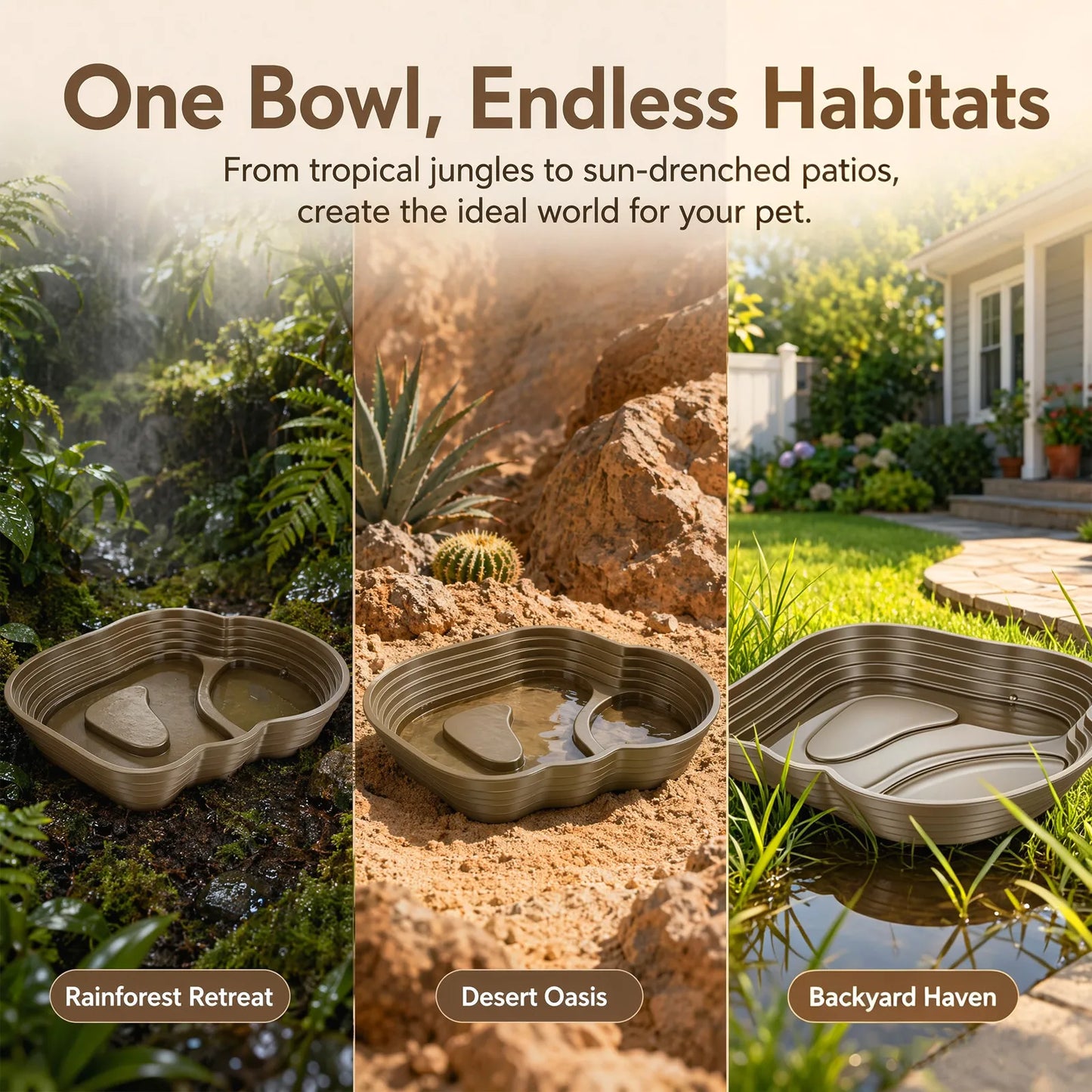 Reptile Bathing Pool Turtle Feeding Dish 9.45in Dark Brown Plastic Splashproof Reptile Water Tray Feeder Bowl for Bearded Dragon