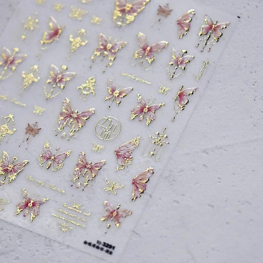 Shiny Jelly Butterfly Charming Golden Gradient Bowknot 5D Self Adhesive Nail Art Sticker Flower Petal Rhinestone Manicure Decals