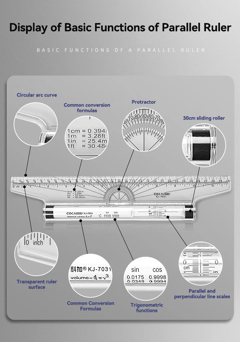 Plastic Ruler Drawing Roller Ruler Parallel 30cm Multi-functional Drawing Design Used for Measurement Drafting Schools Offices