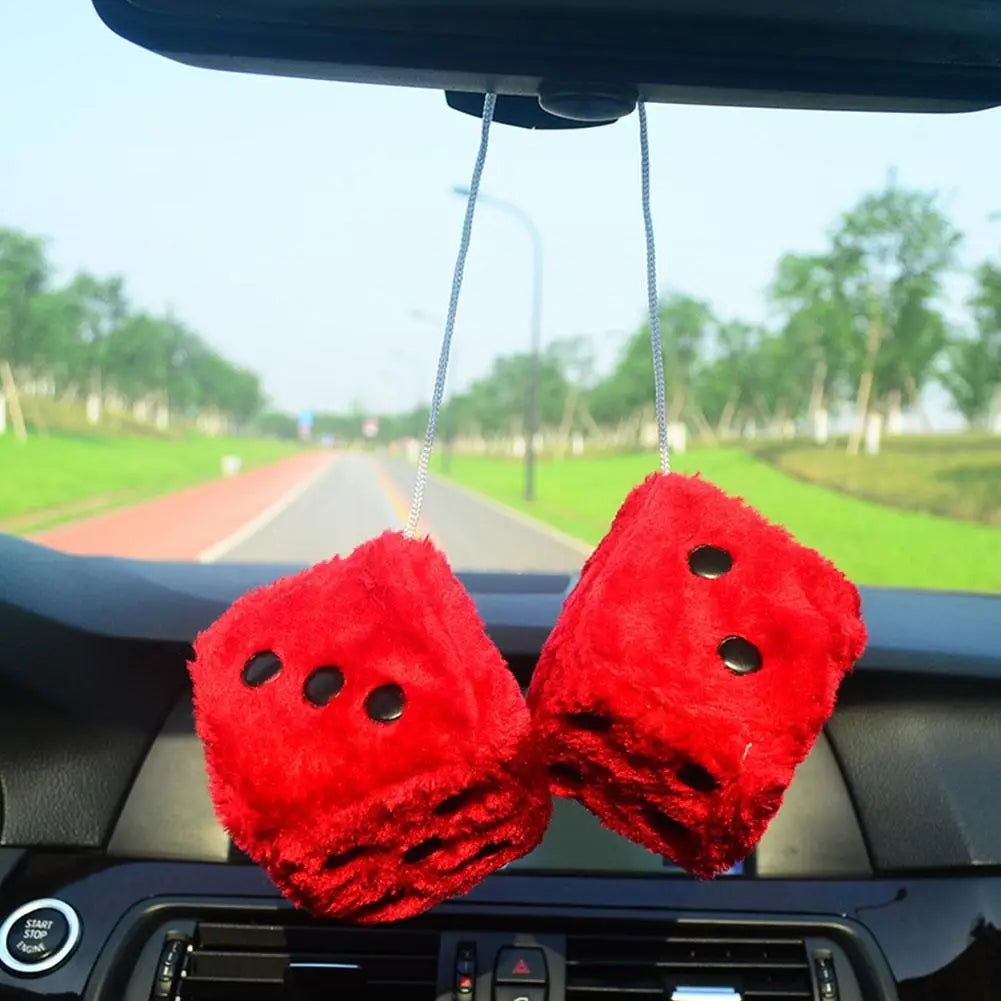 2pcs Big Long Hair Hot Stamping Dot Dice Plush Toy Cube Pendant Car Ornament Sieve Anime Car Decoration Accessories Auto Pendant